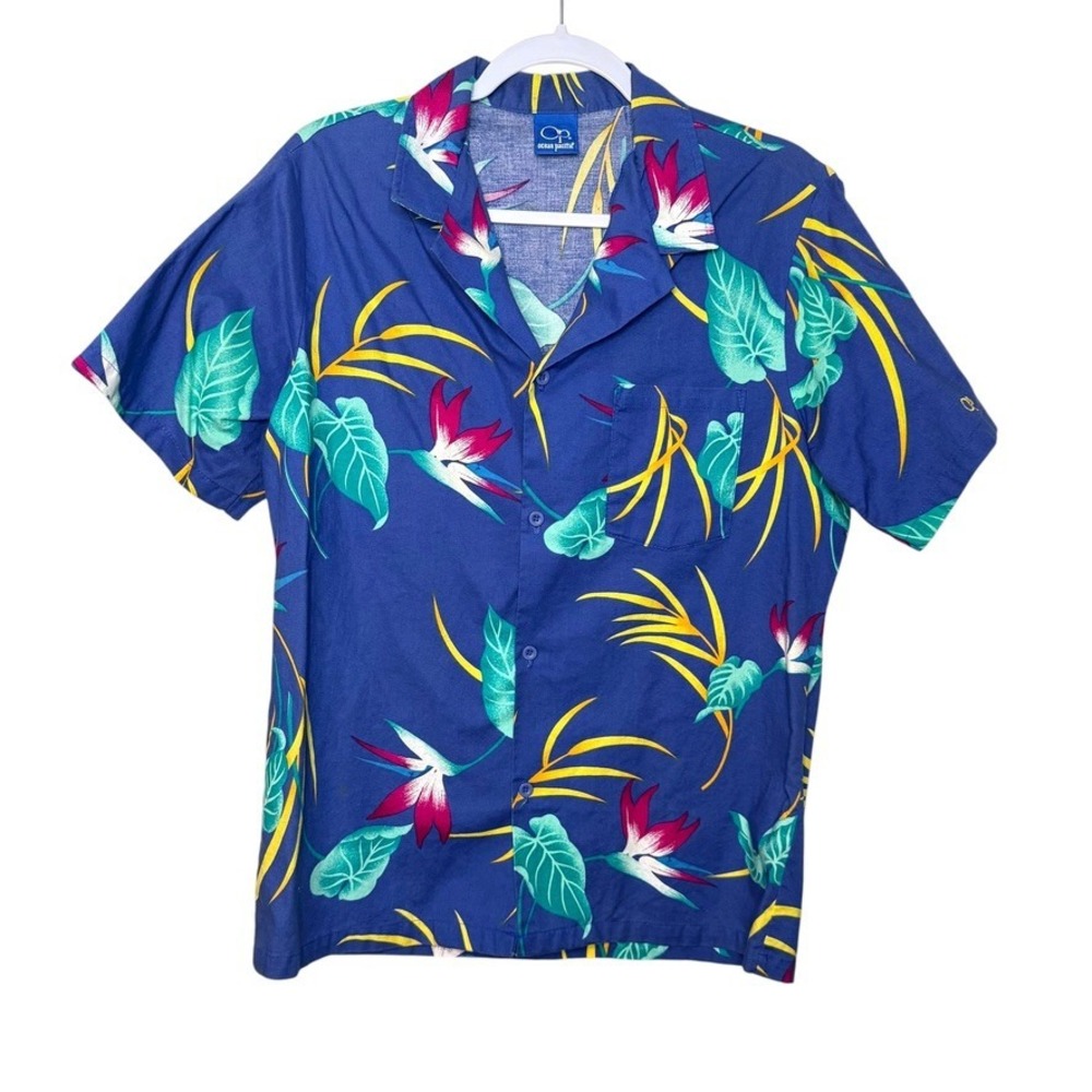 Vintage Ocean Pacific Hawaiian Shirt Floral Blue Bird of Paradise Mens M Summer